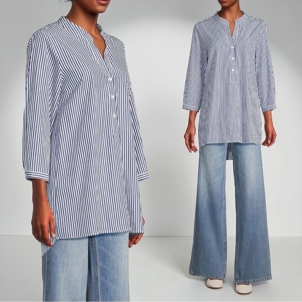 Harshman Women's Collard Button Down Striped Cotton Tunic In Size Small